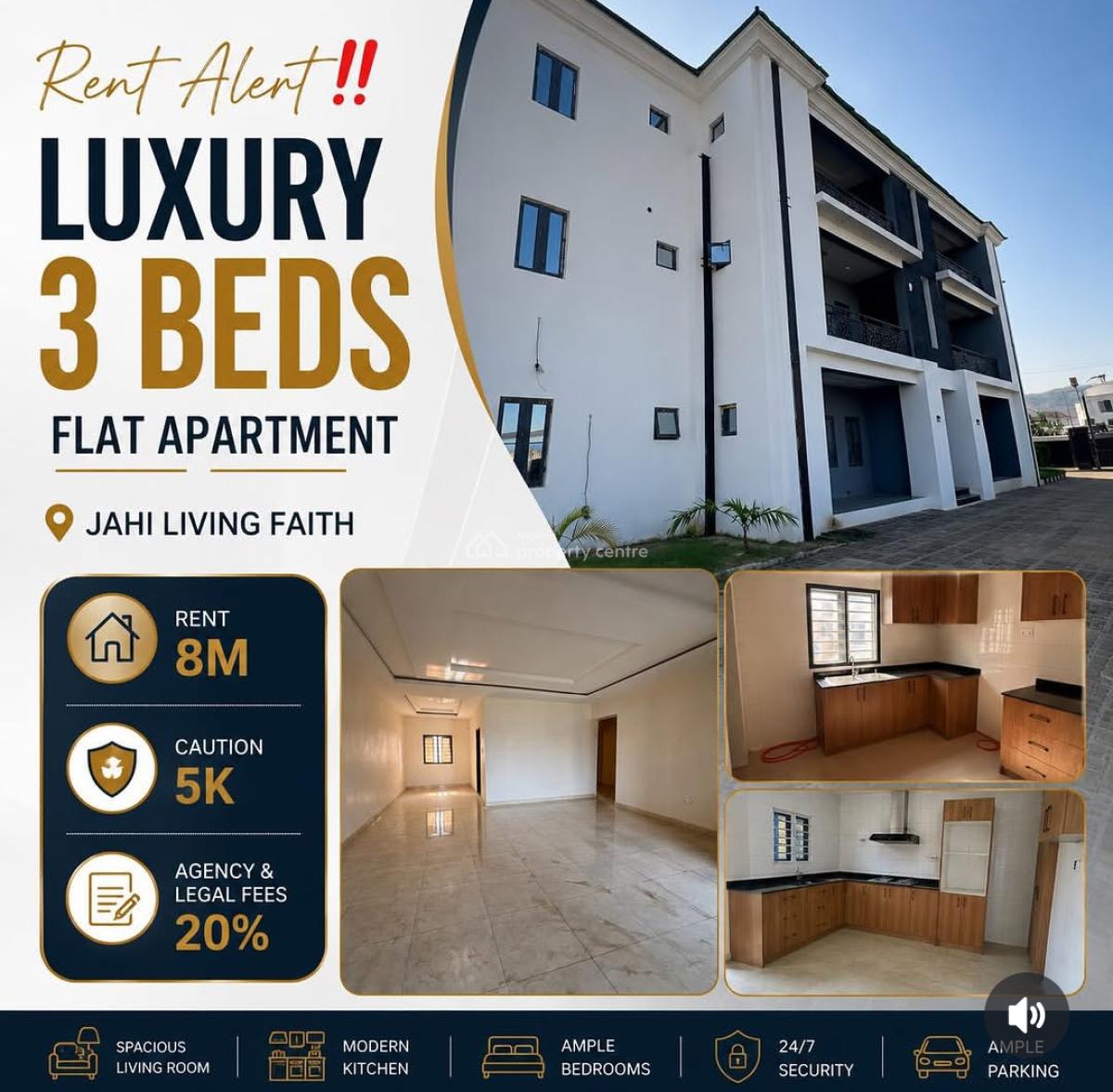Brand New 3 Bedrooms Flat, Jahi, Abuja, House for Rent