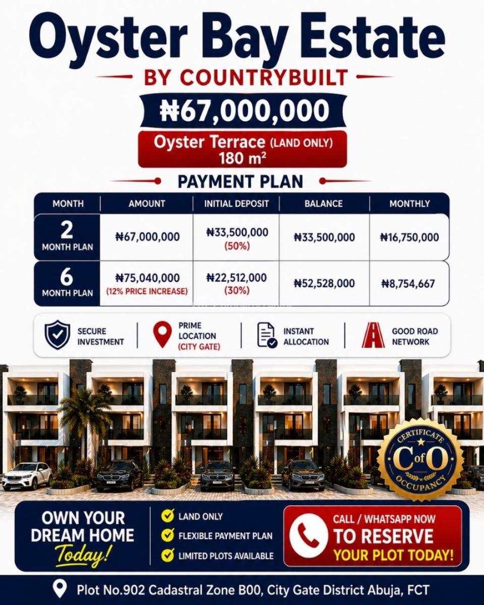 Fcda C of O Estate Land, Oyster Bay Boulevard, Wuye, Abuja, Residential Land for Sale