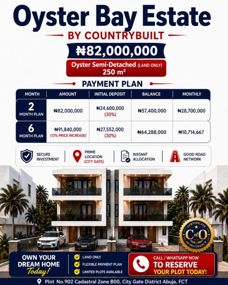 Fcda C of O Estate Land, Oyster Bay Boulevard, Wuye, Abuja, Residential Land for Sale