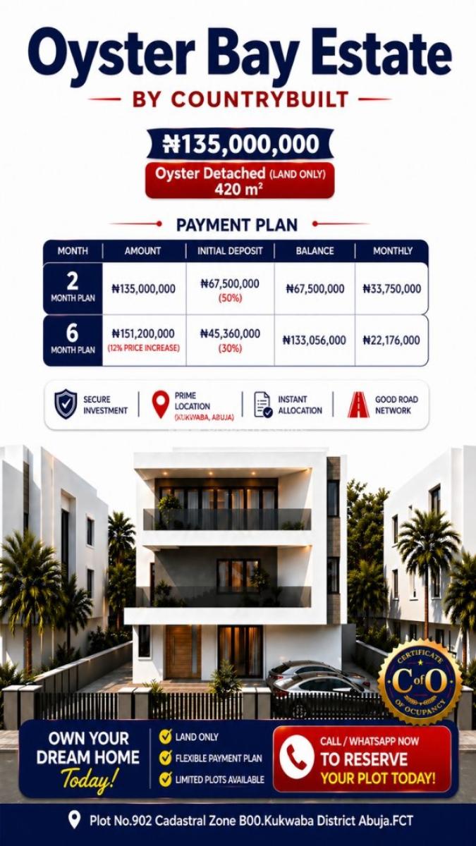 Fcda C of O Estate Land, Oyster Bay Boulevard, Wuye, Abuja, Residential Land for Sale