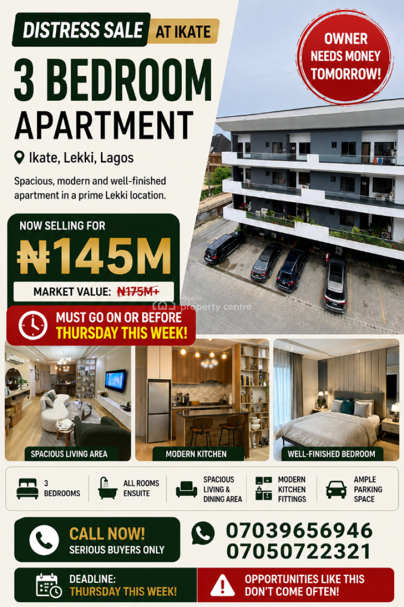 Furnished 3 Bedroom Flat, Ikate, Lekki, Lagos, Flat / Apartment for Sale