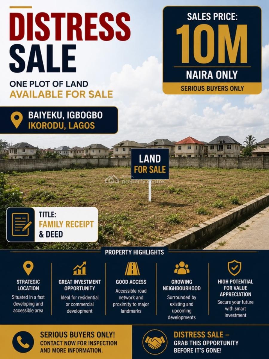 One Plot of Land, Off Baiyeku Road, Igbogbo, Ikorodu, Lagos, Residential Land for Sale