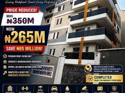 Price Slashed by ₦85M, Completed 180SQM 3bed Smart Apartment for 265M — Lekki, Lagos