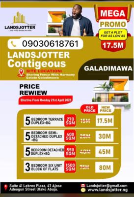 5 Bedroom Terrace Duplex +bq, Sharing Fence with Harmony Estate, Galadimawa, Abuja, Residential Land for Sale