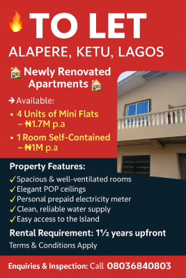 3 Units of 1 Bedroom Apartment, Ajibola Crescent, Alapere, Ketu, Lagos, Mini Flat (room and Parlour) for Rent