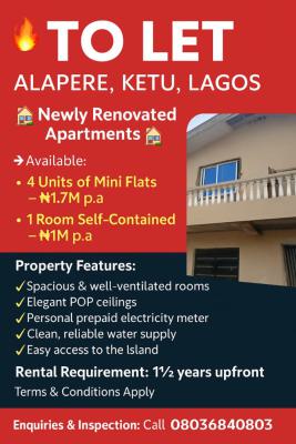 3 Units of 1 Bedroom Apartment, Ajibola Crescent, Alapere, Ketu, Lagos, Mini Flat (room and Parlour) for Rent