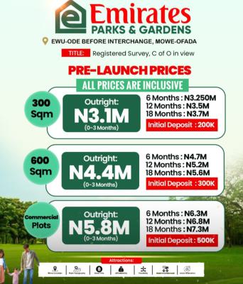 Affordable and Verified Dry Land, Emirate Park & Garden 10min Drive From Rccg Redemption Camp Ewu-ode, Mowe Ofada, Ogun, Mixed-use Land for Sale