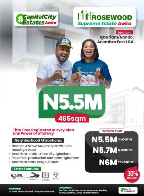 Govt Approved Estate Strategically Located Land, Rosewood Supreme Estate Phase 2, Nando, Awka, Anambra, Mixed-use Land for Sale