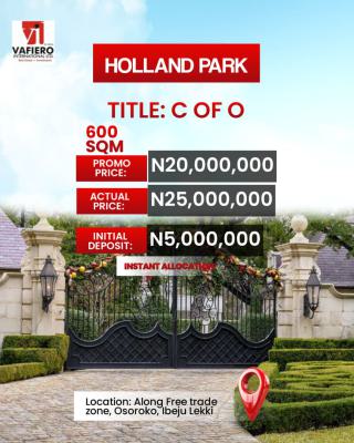 C of O Land, Holland Park, Lekki Free Trade Zone, Osoroko, Ibeju Lekki, Lagos, Mixed-use Land for Sale