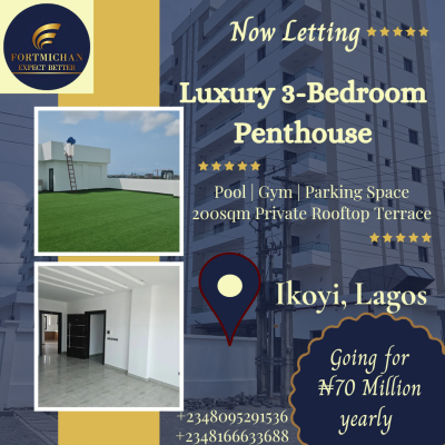 Luxurious 3-bedroom Ensuite Penthouse with 200sqm Private Terrace, Ikoyi, Lagos, Flat / Apartment for Rent