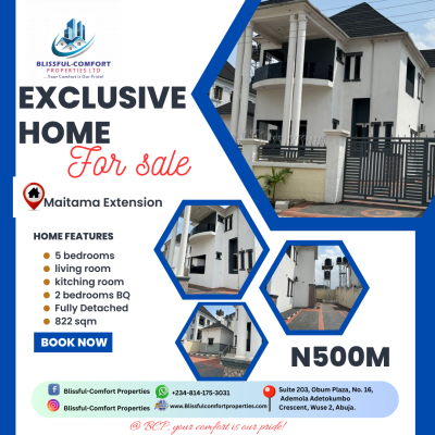 5 Bedrooms Detached Duplex with 2 Bedrooms Bq, Writers Village, Just After Hillview Estate By Mpape Junction, Maitama 2, Maitama District, Abuja, Detached Duplex for Sale
