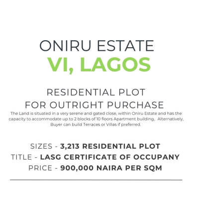 Land  Oniru Estate Vi Lagos   Great Deal in Oniru   *des, Oniru, Victoria Island (vi), Lagos, Land for Sale