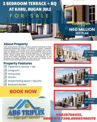 3bedrooms Terrace with Bq (off Plan), Rugan Juli, Karu, Nasarawa, Terraced Duplex for Sale