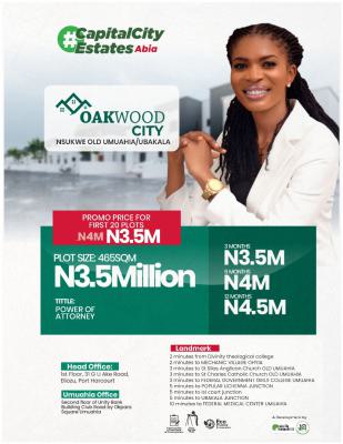 Land with Power of Attorney and Registered Survey,deed of Assignment, Oakwood City Located at Nsukwe Old Umuahia/ubakala,, Umuahia, Abia, Residential Land for Sale