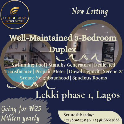 Well-maintained 3 Bedroom Duplex  with Swimming Pool, Lekki Phase 1, Lekki, Lagos, Terraced Duplex for Rent
