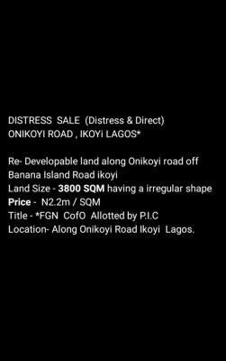 3800sqm Distress Land in Onikoyi Road Ikoyi, Onikoyi Road Ikoyi, Old Ikoyi, Ikoyi, Lagos, Land for Sale
