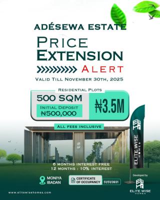 Land with C of O at Adèsèwá Estate Ibadan, Moniya Expressway in Ibadan, Ibadan, Oyo, Residential Land for Sale