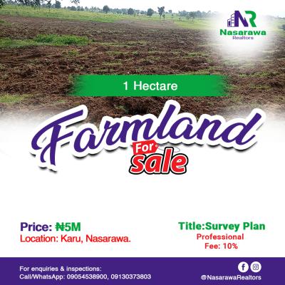 1 Hectare Farmland, Karu, Nasarawa, Commercial Land for Sale