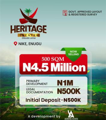 Verified Land with Govt Approved Layout and Registered Survey, Heritage Strategically Positioned at The Heart of Nike, Enugu, Enugu, Residential Land for Sale