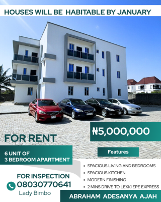 New 3 Bedroom Apartment [ to Be Ready By January], Abraham Adesanya, Ajah, Lagos, Flat / Apartment for Rent