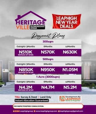 Affordable Land Roi, Heritage Ville, Olorunsogo, Mowe Ofada, Ogun, Residential Land for Sale