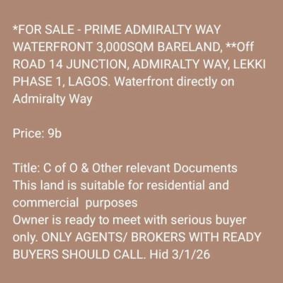 Waterfront 3,000sqm Bareland, **off  Road 14 Junction, Admiralty Way,, Off  Road 14 Junction, Admiralty Way, Lekki Phase 1, Lagos., Lekki Phase 1, Lekki, Lagos, Mixed-use Land for Sale