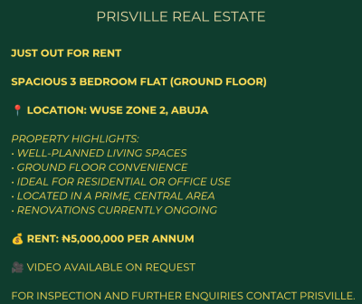 3 Bedroom Flat (ground Floor), Zone 2, Wuse, Abuja, Flat / Apartment for Rent