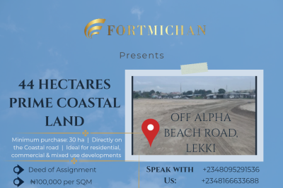 44 Hectares Prime Coastal Land, Off Alpha Beach Road, Lekki, Lagos, Land for Sale