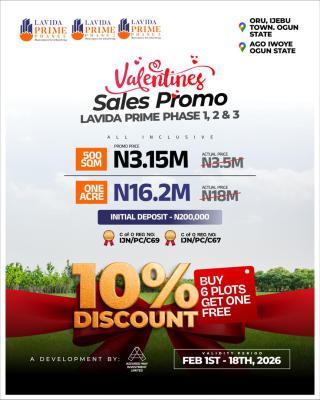 Lavida Prime 1,2,3 ( Buy 6 Get 1 Free), Ago - Iwoye Few Minutes From Babcock University, Km 46, Ogun, Mixed-use Land for Sale
