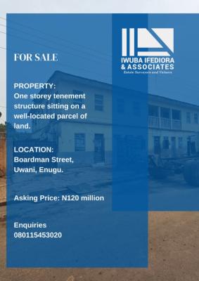One Storey Tenement Structure Sitting on a Well-located Parcel of Land, Boardman Street, Uwani, Enugu, Enugu, House for Sale