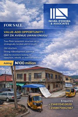 Two-floor Tenement Structure on a Strategically Located Plot, Off Zik Avenue, Uwani, Enugu, Enugu, House for Sale