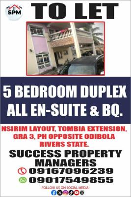 Well Finished 5 Bedroom Ensuite Flats, Tombia Street,nsirim Layout, Gra 3, Gra Phase 3, Port Harcourt, Rivers, Detached Duplex for Rent