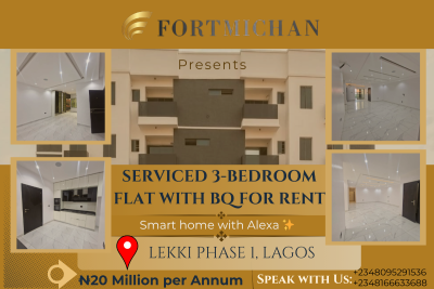 Serviced 3-bedroom Apartment with Bq and Smart Home Automation (alexa), Lekki Phase 1, Lekki, Lagos, Flat / Apartment for Rent