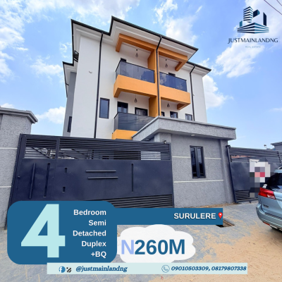 Newly Built 4-bedroom Semi-detached Duplex with Bq, Surulere, Lagos, Surulere, Lagos, Semi-detached Duplex for Sale