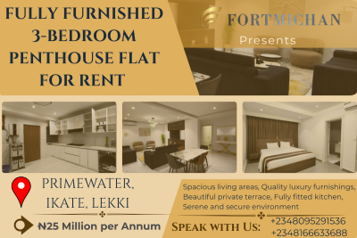 Fully Furnished 3-bedroom Penthouse Apartment, Primewater, Ikate, Lekki Phase 1, Lekki, Lagos, Flat / Apartment for Rent