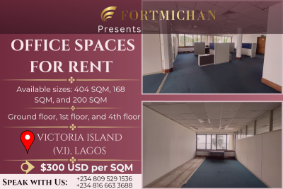 404 Sqm, 168 Sqm, 200 Sqm Office Spaces, Victoria Island (vi), Lagos, Office Space for Rent