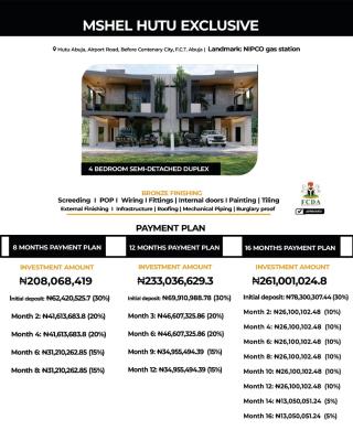 Luxury 4 Bedroom Semi-detached & Fully Detached Duplexes Mshel Hutu, Airport Road, Mshel Hutu Exclusive, Lugbe District, Abuja, House for Sale