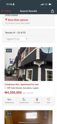 a Newly Vacated 3 Bedroom Flat, Olusola Keku Street, Off Cole Street, Surulere, Lagos, Flat / Apartment for Rent