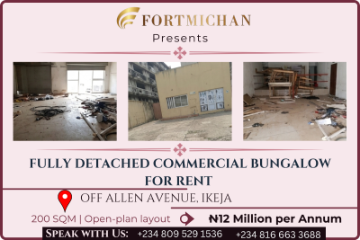 Fully Detached Commercial Bungalow, Off Allen Avenue, Ikeja, Lagos, Commercial Property for Rent