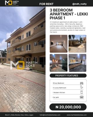 3 Bedroom Apartment Available, Lekki Phase 1, Lekki, Lagos, Flat / Apartment for Rent