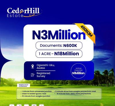 Land with Registered Survey Plan, Cedar Hills Estate Located at Ogwashi-uku, Asaba, Delta, Residential Land for Sale