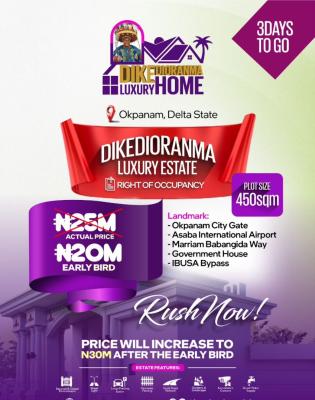 Buy and Build Land with Right of Occupancy, Dikedioranma Luxury Estate in Okpanam, Asaba, Delta, Mixed-use Land for Sale