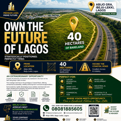 40 Hectares of Bareland in Abijo Gra, Available, Facing Coastal Road, Abijo, Lekki, Lagos, Land for Sale