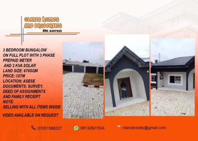 3 Bedroom Bungalow on Full Plot with 3 Phase Prepaid Meter and 2 Kva, Asese, Ibafo, Ogun, Detached Bungalow for Sale