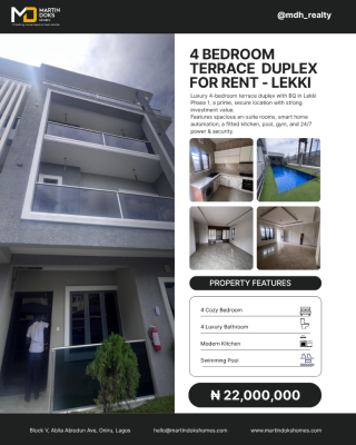 4 Bedroom Terrace Duplex with Bq, Lekki Phase 1, Lekki, Lagos, Terraced Duplex for Rent