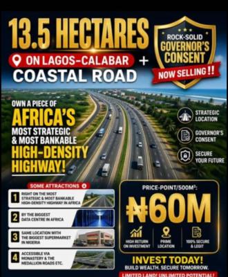 13.5 Hectares of Bare Land with Governors Consent, Lagos Calabar Coastal Road, Sangotedo, Ajah, Lagos, Commercial Land for Sale