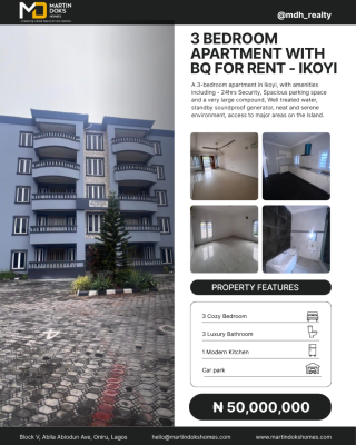3 Bedroom Apartment with Bq Available, Ikoyi, Lagos, Flat / Apartment for Rent