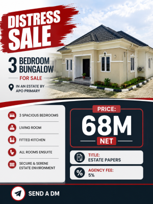 Distress Standard 3 Bedroom Bungalow (in an Estate), Apo Primary, Apo, Abuja, Detached Bungalow for Sale