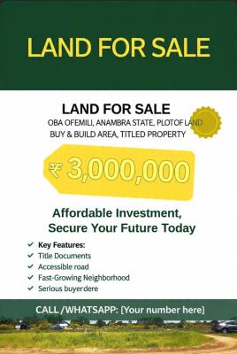 Dry Land in a Fast Developing Area, Oba Ofemili, Awka, Anambra, Land for Sale