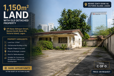 a 1,150m² Land, with an Old Detached Property, Off Ajose Adeogun Street, Behind Zenith Bank Hq, Victoria Island (vi), Lagos, Mixed-use Land for Sale